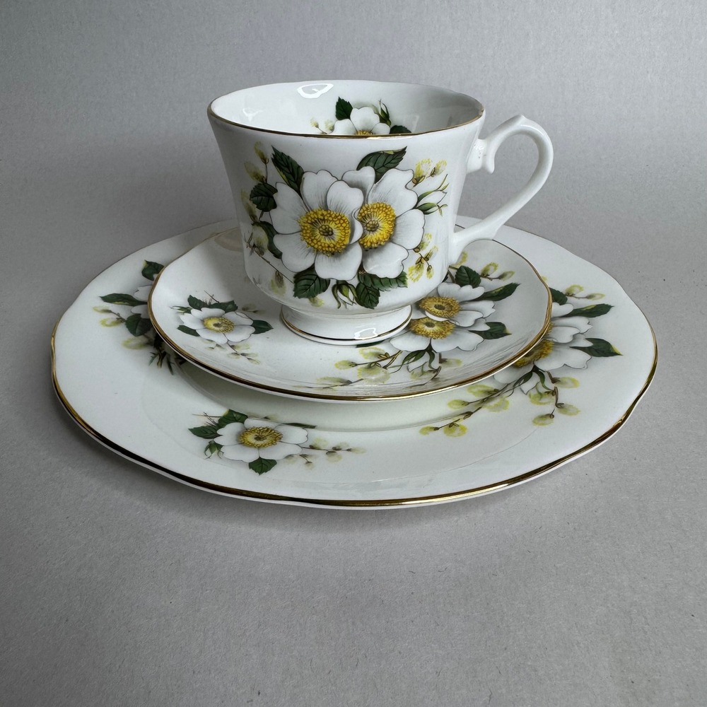 Duchess Bone China England Tea Cup Saucer and Side Plate Trio White Floral Gold